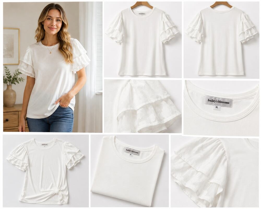 Bailey’s Blossoms Women’s White Ruffle Sleeve Top – Size XL
